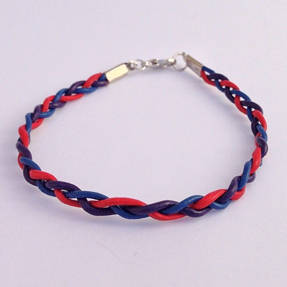 Items similar to Leather Braided Bracelet, Purple, Red & Blue Delicate