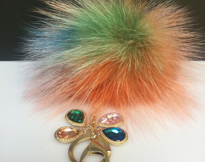 NEW Tropical Swirl™ Crystals Multi Color Raccoon Fur Pom Pom bag charm clover flower charm keychain piece no.407