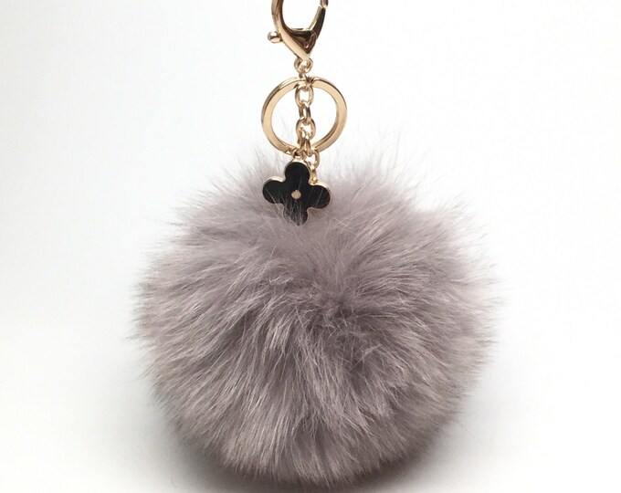 Instagram / Blogger Recommended New! Light Gray fox fur Pompon bag charm pendant Fur Pom Pom keychain keyring with flower charm