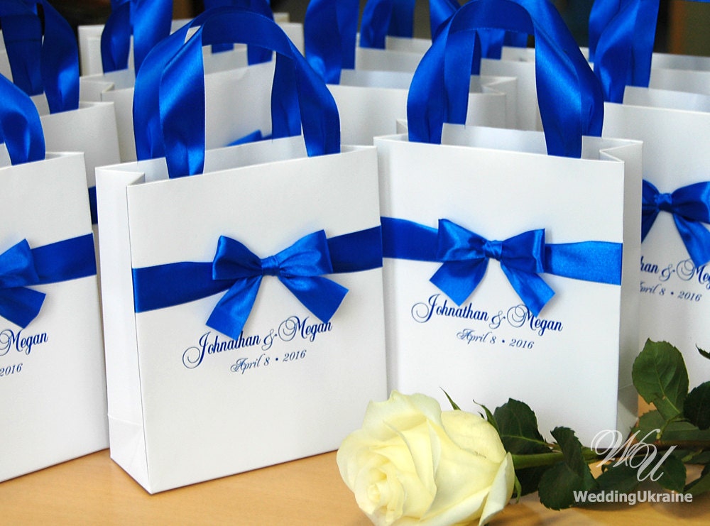 Royal Blue Wedding Gift Bags with satin ribbon bow and names