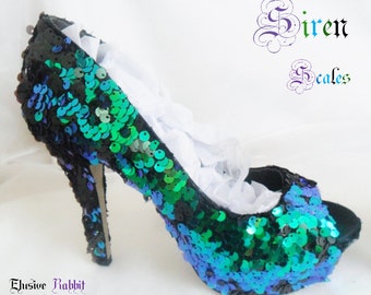 Siren Scales Mermaid Reversible Sequin Fabric Heels Custom Personalized Womens Shoe High Stiletto Size 3 4 5 6 7 8 Platform Party Christmas