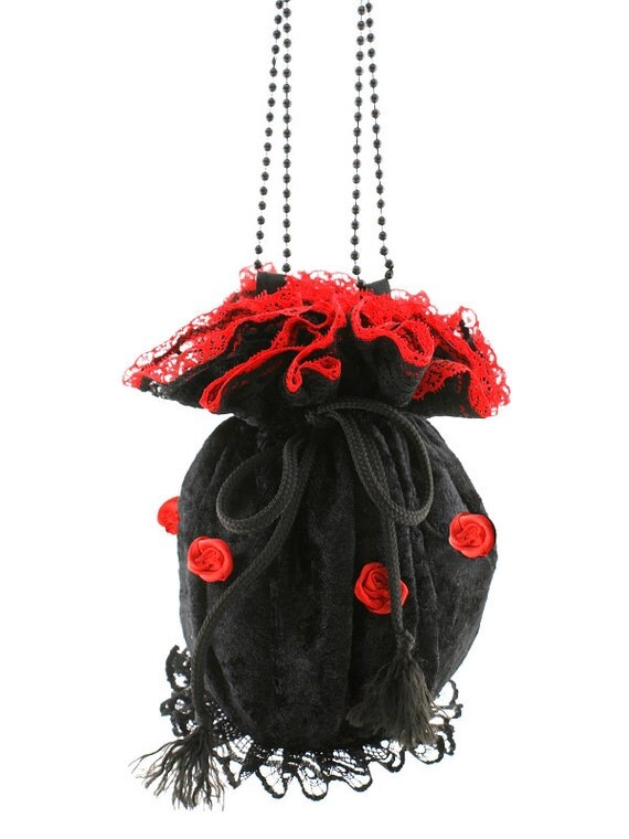 Red black velvet lace wristlets bag pompadour victorian
