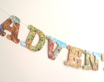 Adventure Awaits Bon Voyage Banner- World Map Farewell Garland / Banner- Map Decor - Bon Voyage Party- Farewell Party Decoration