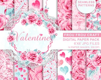 Pink Mint Roses Romantic Wedding Digital, Watercolor Valentine Love Digital, Valentine Background Paper Pack, Watercolor Hearts Digital