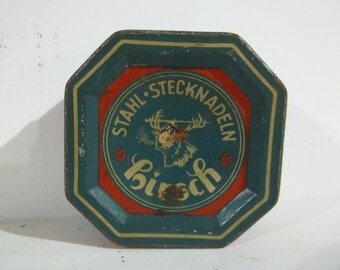 Vintage German Hirsch Stahl Stecknadeln Octagon Tin FREE SHIPPING