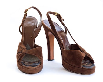 1940s brown suede platform sling back peep toe high heels