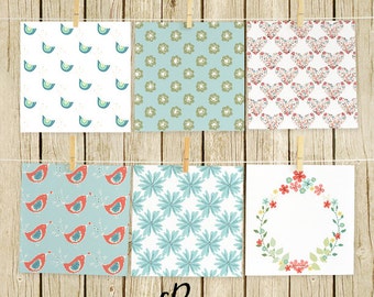digital paper pack modern scrapbook paper printable 12 x 12 instant download birds and flowers blue coral