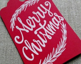 Hand lettered Christmas gift tag, 'Merry Christmas' tag, red holiday gift tag, Christmas gift tag, Holiday gift tag, hand written.