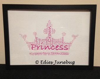 Princess Crown Word Collage, Fairytale Gifts, Little Girls Bedroom Decor, Personalised Pink Word Art, Birthday Gifts,