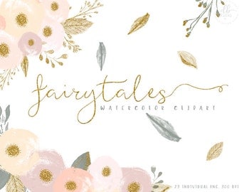 Watercolor Flowers Gold Glitter Clipart, Fairytales, 23 Individual PNG Digital Design Elements, High Resolution, Floral Clipart, Bouquets