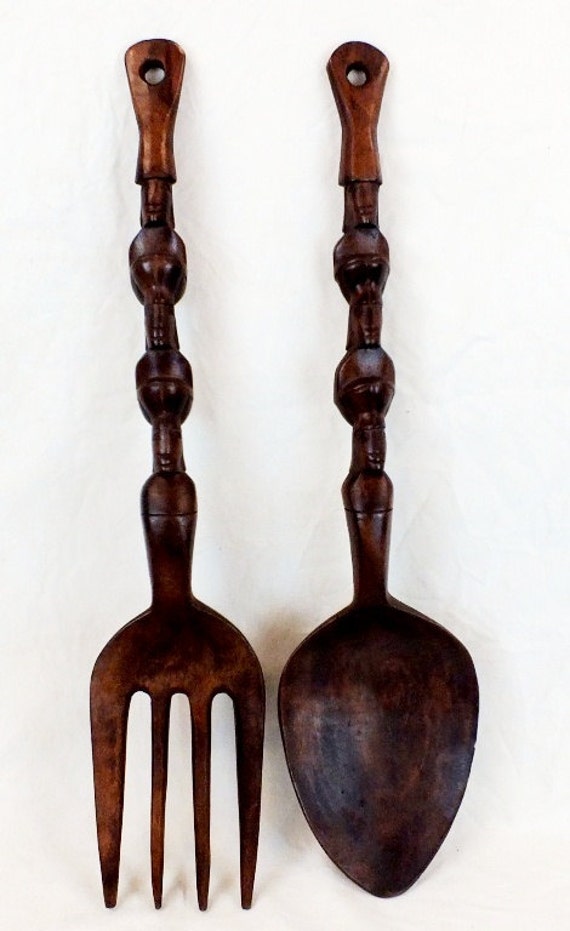 Carved primitive wood fork and spoon 25 long. No marking