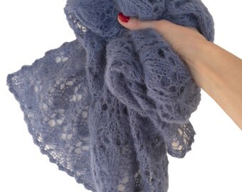 Denim Blue Hand Knitted Lace Mohair Scarf for Women, Winter Lace Scarf, Knitted Lace Mohair Scarf in Blue, Blue Lace Scarf