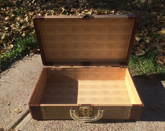 Vintage Tattered Suitcase Striped Hardside All Original Luggage Overnight Case Cottage Decor