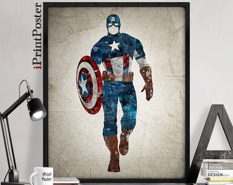 Captain America, Captain America print, Marvel avengers, Marvel grunge print, Marvel print, Wall Art,gift for him, home decor, iPrintPoster.