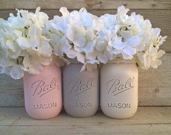 Pink and Gray Nursery Decor,Pink and Gray Baby Shower Decor, Pink and Grey Mason Jars,Painted Mason Jars,Shabby Chic,Mason Jars with Flowers