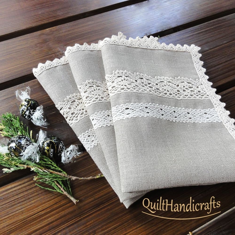 Linen set of 4 with Rectangular placemats Cotton lace edge