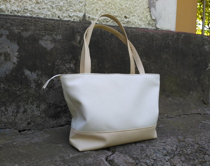 Vegan Leather Bag Shoulder Bag White-beige Large Tote Handbag Woman gift Vegan Leather handbag