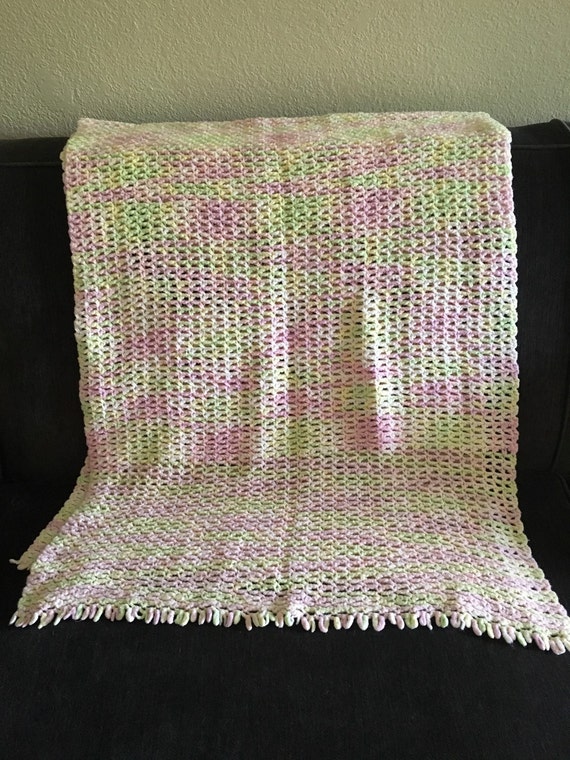 Vintage Pastel Afghan Pink Purple Green Crochet Throw Blanket