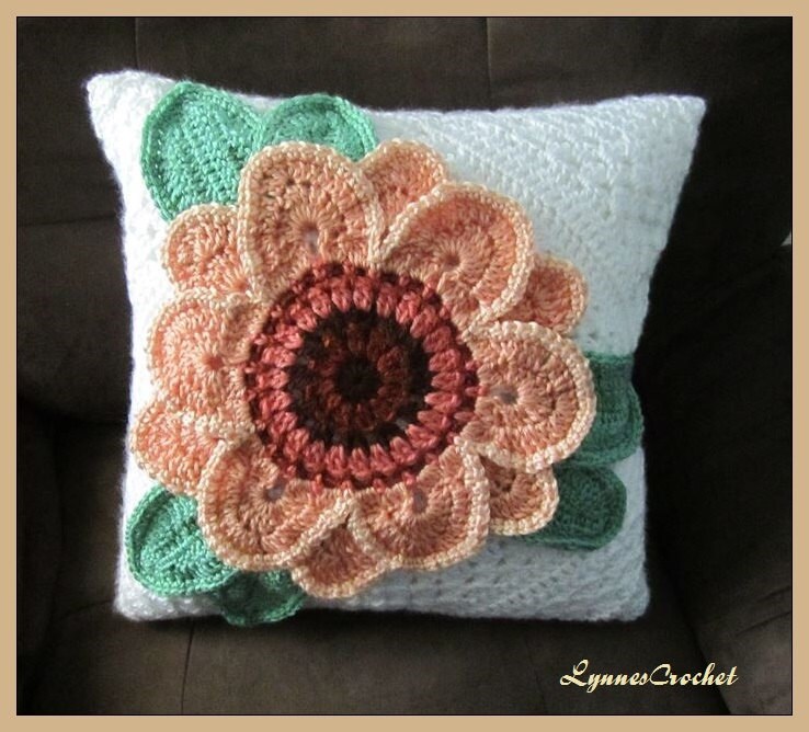 Pretty Crocheted Peach Flower Pillow Cover . .. by LynnesCrochet