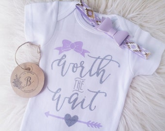 Worth The Wait onesie set,Take home outfit,Newborn outfit,Girl shower gift,Infant onesie,Bow headband,Girl onesie set,Newborn baby girl set