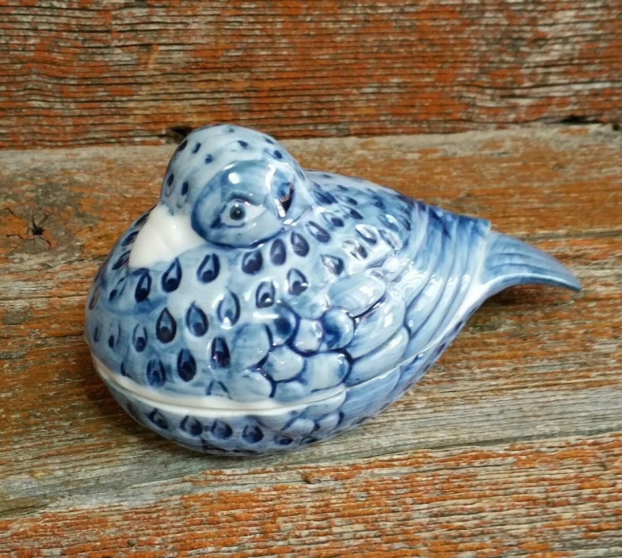 Vintage Blue and White Porcelain Bird Trinket Box 2 Piece