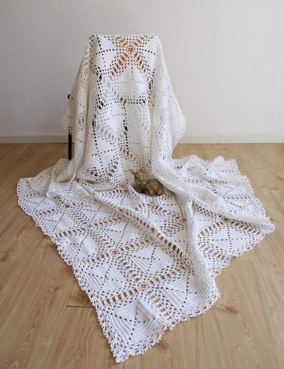 Crochet squares white bedspread. Handmade vintage