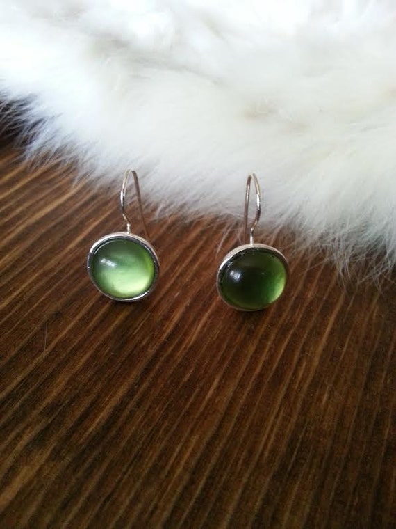 Silver Drop Stone Earrings Green Iridescent by TheGlitzyHen