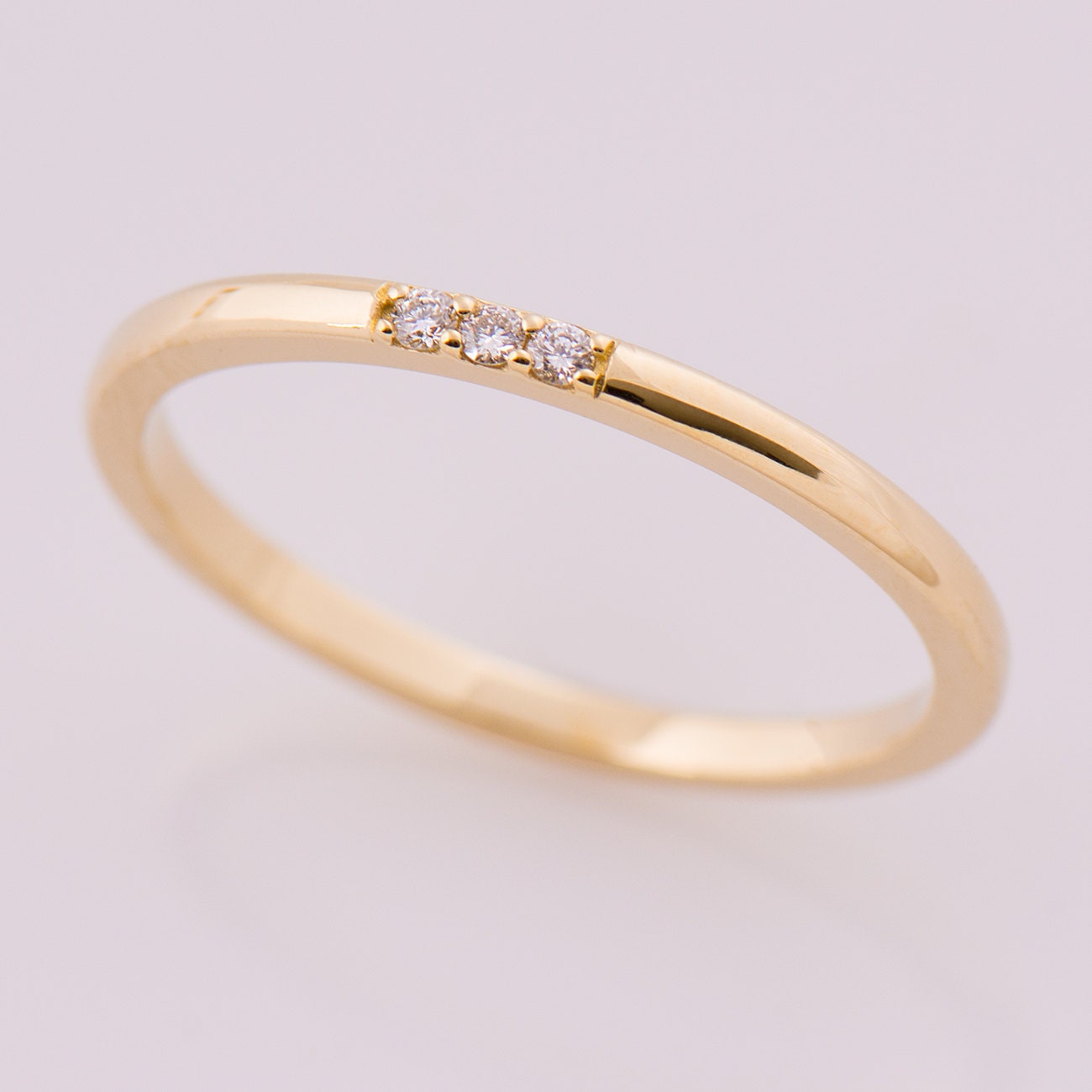 Thin Diamond Band 3 Stone Band 14K Yellow Gold Stacking