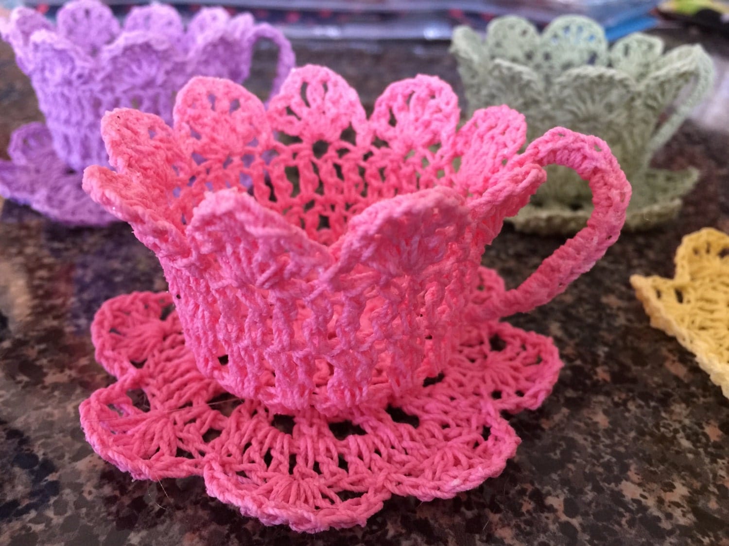 Pastel Crochet Tea Cup Set