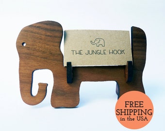 Elephant wooden animal business card holder for desk - great handmade office gift, business card stand, desk accessories