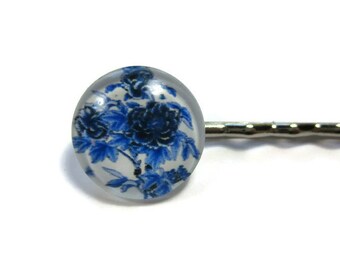 Blue and White Floral Bobby Pin Set of 2