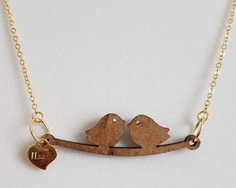 Love Bird necklace - laser cut wooden jewellery - bird pendant necklace - Gold Plated dainty love friendship pendant charm - wooden necklace