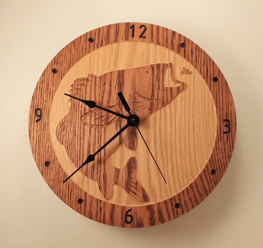 Oak Bass Fish clock Wood clock Wall clock Wooden wall clock