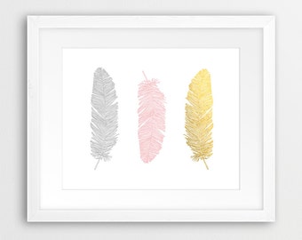 Feather Art, Feather Gold Foil Texture, Feather Print, Gold, Pink, Grey Feathers, Gold Print, Modern Wall Art, Nursery Decor, Printable Art