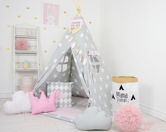 Play Tent, Star Teepee, Tipi, Pink Teepee Tent, Teepee Enfant, Child Teepee, Wigwam, Reading Lamp, Powder Pink Tent, Playmat, Zelt