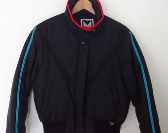 Vintage Obermeyer Ski Jacket Ladies Size 12/Medium Eighties Puffy Jacket Black Red Blue 80s