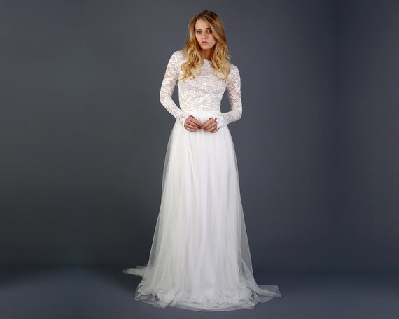 Long Sleeve Lace Wedding Dress with Silk Chiffon and Soft