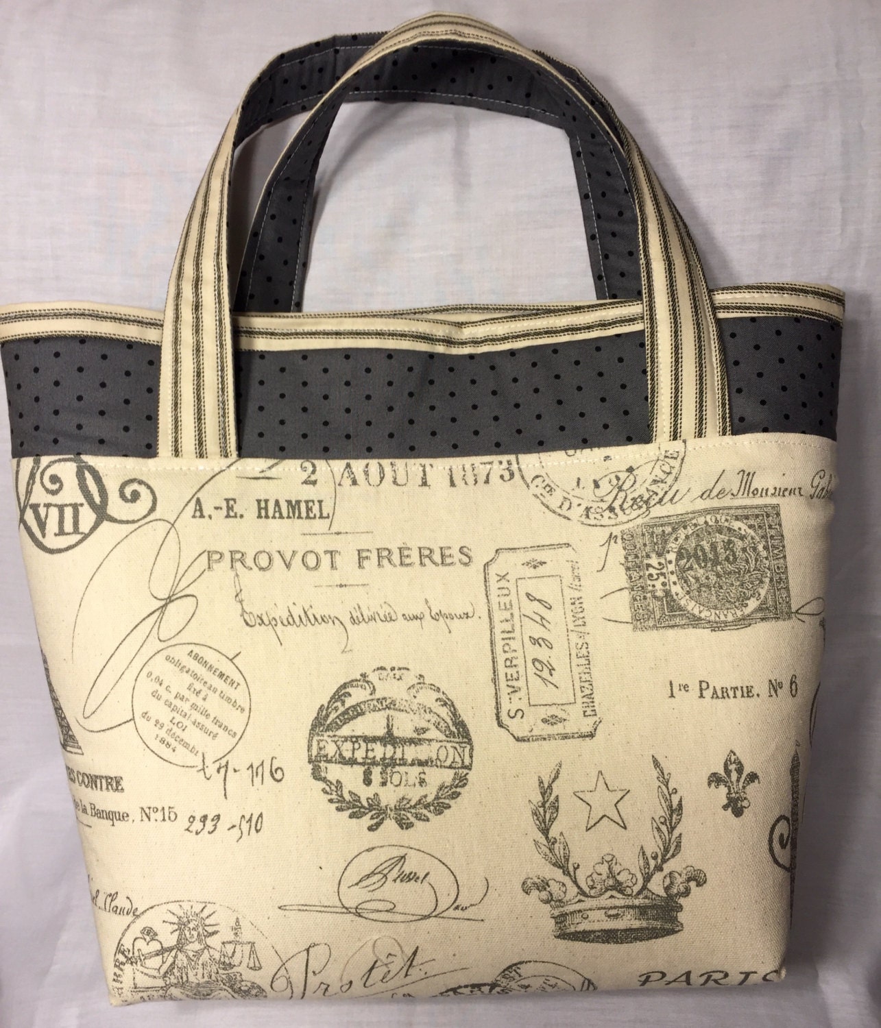 Large sturdy cream and black striped tote bag