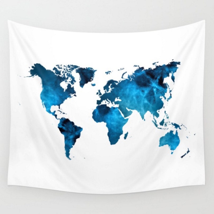 Map Of The World Tapestry Wall Tapestry World Map Navy Dark Blue White Dorm Room Apartment Home Decor Travel Tapestries
