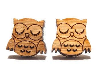 Sleepy Owl Bamboo Stud Earrings, Owl Stud Earrings, Owl Studs, Owl Earrings, Wooden Earrings, Quirky Earrings, Woodland Earrings