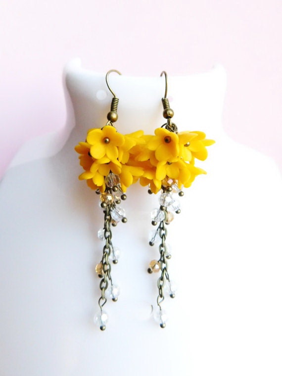 Yellow Cluster Earrings Long Flower Clusters Flower Jewelry