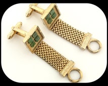 Boutons De Manchette Vintage En Jade Vert Véritable - Monture Dorée, Forme Carrée, Occasion Pour Collection Ou Cadeau élégant