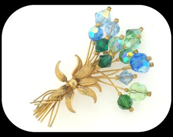 Vintage HANDMADE flower bouquet gold plated aurora borealis AB rhinestone BROOCH