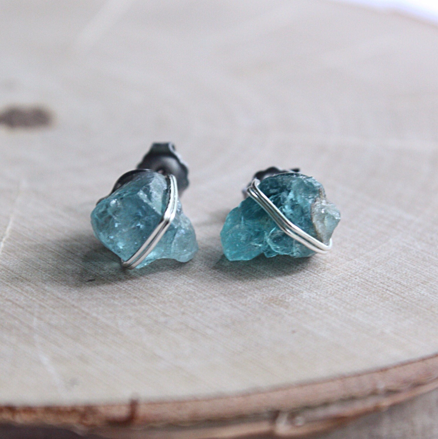 Blue Apatite Crystal Stud Earrings wrapped in Silver Wire Raw