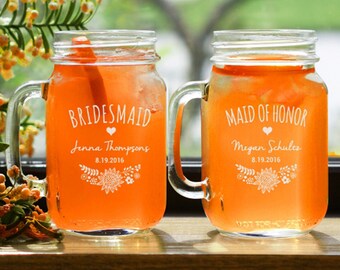 8 Bridesmaid Engraved Mason Jars With Handle - Customized Bridal Mason Jar - Rustic - Outdoor Wedding Reception - Etched Mason Jar Handle
