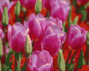 Spring Tulips Cross Stitch pattern PDF - EASY chart with one color per sheet And traditional chart! Two charts in one!