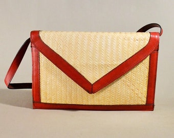 Vintage Beige Reed Leather Bag, Handbag, Shoulderbag, Summer Bag, Shoulderpurse
