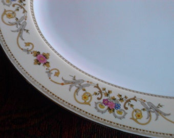 Royal Embassy WHEELING Large 16"Oval Serving Platter, Pink Blue Cream Tan Grey Scrolls, Japan, Excellent Vintage Condition