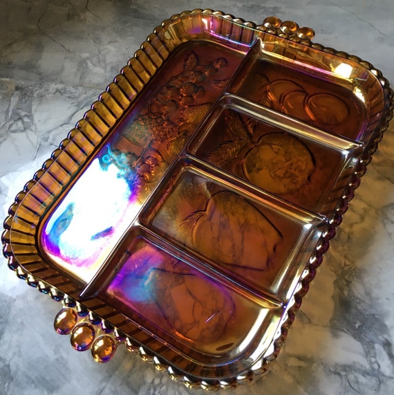 Items similar to Indiana Glass Marigold Carnival Glass Divided Relish