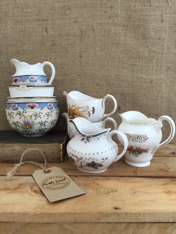 Job Lot Vintage China - 10 Mix and Match China Creamer Jugs / Milk Jugs and China Sugar Bowls for Weddings, Events, Cafes and Tea Parties